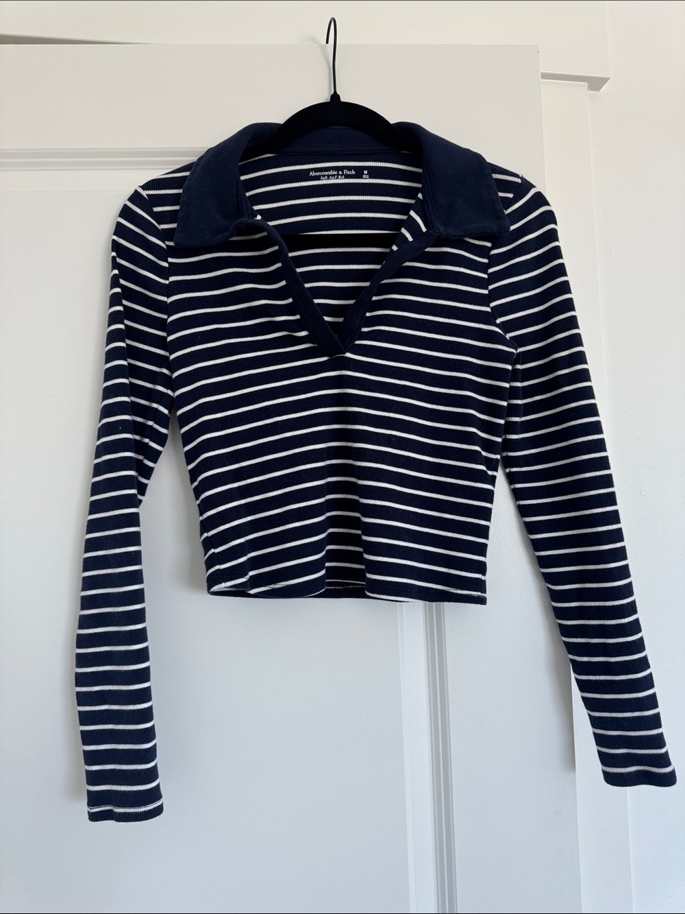 Abercrombie & Fitch Navy and White Striped Long-Sleeve Polo Crop Top